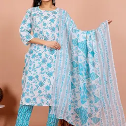 Rudra Bazaar Floral Printed Round Neck Pure Cotton Straight Kurta With Trousers & Dupatta-image-81