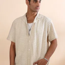 The Roadster Lifestyle Co Diagonal Wave Pure Cotton Cuban Collar Half Sleeve Crochet Shirt-image-87