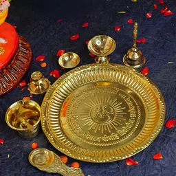 Ekhasa Gold Toned Textured 8 Pcs Brass Pooja Thali Set-picture-42