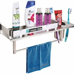 Stainless Steel 3 in 1 Multipurpose Bathroom Shelf/Rack/Towel Hanger/Tumbler Holder/Towel Rod/Bathroom Accessories (15 x 5 Inches) Stainless Steel Wall Shelf-8