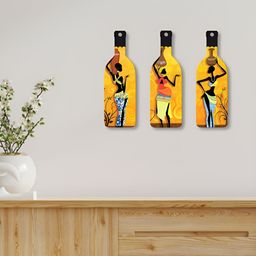 ArtVibes Yellow Set Of 3 Printed Warli Art Bottle-Shaped Wooden Wall Hanging-9