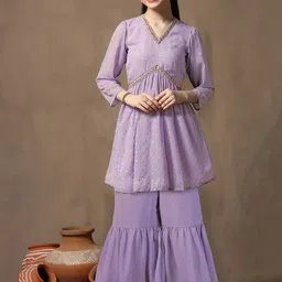 Sangria Printed V Neck Kurta With Trouser Set-picture-19