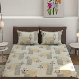 B' Decorlish Cream-Coloured & Grey Floral 220 TC Queen Bedsheet with 2 Pillow Covers-63