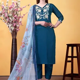 KALINI Women Floral Embroidered V-Neck Thread Work Kurta with Trousers & Dupatta-9