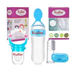 Kritiu Set Of 3 Silicone Squeezy Food - Bottle With Spoon & Figure Brush - Blue-26