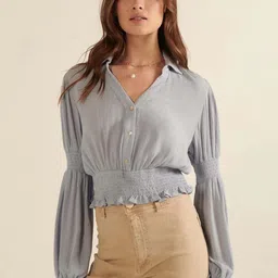 FNOCKS Women Smocked Shirt Collar Puff Sleeve Cotton Top-picture-37