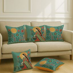 STITCHNEST Green & Yellow 5 Pieces Ethnic Motifs Satin Square Cushion Covers-27