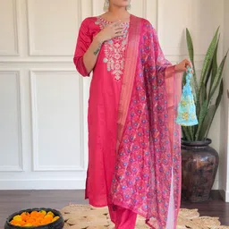 JAPNAAM Women Embroidered Regular Thread Work Chanderi Silk Kurta & Trousers & Dupatta-picture-12