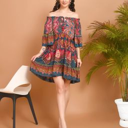 Boholyfe Women Mira Teal Breeze Off-Shoulder Mini Dress-image-96