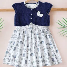 BAESD Girls Conversational Printed Fit & Flare Dress With Cap Sleeves Embroidered Shrug-image-14
