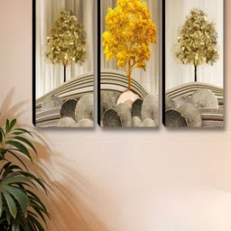 Myntra Elegant Homes Gold-Toned & Brown 3 Pieces Tree Printed Wooden Wall Paintings-picture-21