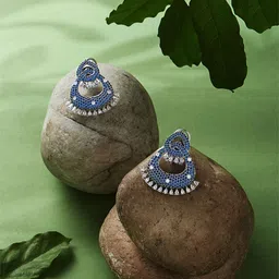 ASMITTA JEWELLERY Rhodium-Plated Blue Sapphire & AD Studded Teardrop Shaped Studs-11
