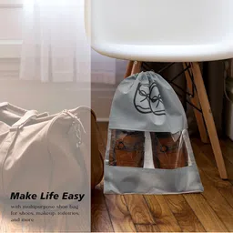 Kuber Industries Grey & Black Pack of 6 Printed Non-Woven Shoe Cover With Drawstring image 5