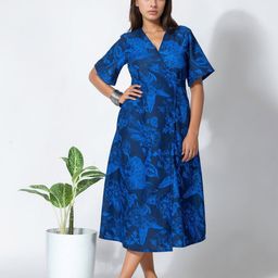 DressBerry Women V-Neck Floral Printed Tie-Ups Linen Midi Wrap Dress-image-94