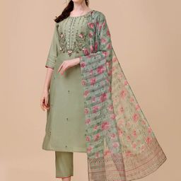 KALINI Ethnic Motifs Embroidered Beads and Stones Kurta with Trousers & Dupatta-image-44