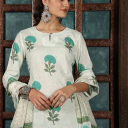 Taavi Floral Printed Keyhole Neck Pure Cotton Straight Kurta & Trousers With Dupatta-picture-52