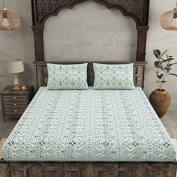 JAIPUR FABRIC Green & White Ethnic Motifs 144 TC King Bedsheet with 2 Pillow Covers-picture-8