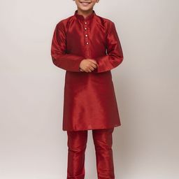 DEVOILER Boys Mandarin Collar Dupion Silk Straight Kurta With Churidar-5