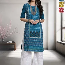 HERE&NOW Selection of 3 Floral Printed Round Neck Straight Kurtas-image-91
