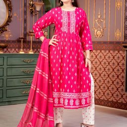 Sangria Girls Floral Printed Round Neck Pleated Foil Printed Kurta Trouser With Dupatta-image-70