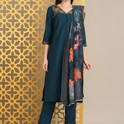 Anouk Floral Embroidered Thread Work Straight Kurta With Trouser And Dupatta-48