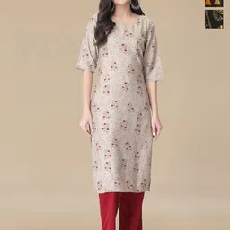 HERE&NOW Selection Of 3 Floral Printed Round Neck Straight Kurtas-image-71