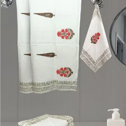 LIVING ROOTS Red 6 Pieces Block Printed 210 GSM Waffle Cotton Soft & Absorbent Towel Set-6