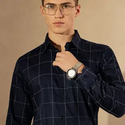 DENNISON Men Smart Spread Collar Windowpane Checked Cotton Formal Shirt-image-86