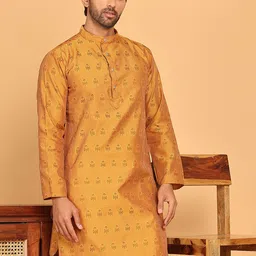 Anouk Mustard Woven Design Jacquard Mandarin Collar Silk Kurta-image-16