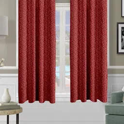 Cortina Maroon 2 Pieces Floral Printed Black Out Window Curtains-picture-32