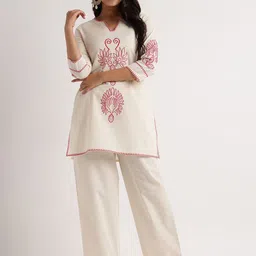 RAJMANDIRFABRICS Floral Embroidered Notch Neck Thread Work Pure Cotton Kurti With Trousers-image-35