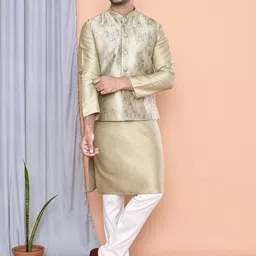 MAAHI FABS Mandarin Collar Straight Kurta with Pyjamas & Abstract UV Printed Nehru Jacket image 5