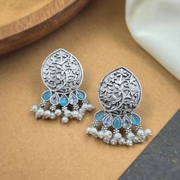 NAMAN ARTS Silver-Plated Stones Studded & Beaded Teardrop Shaped Oxidised Drop Earrings-13