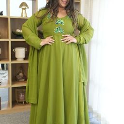 Swadeshi Shringaar Aiza Olive Georgette Anarkali Set-image-12