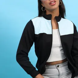 Campus Sutra Windcheater Colourblocked Mock Collar Fleece Bomber Jacket-picture-8