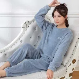 Women Night Suit Set Blue Solid-image-20