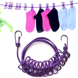 Portable Travel Elastic Clothesline Rope with 12 Clips Plastic Clothesline-image-57