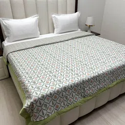 Pure Decor Green & White Floral AC Room Double Bed Dohar-image-68