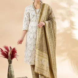 Anouk Women Floral Printed Pleated Pure Cotton Kurta with Trousers & With Dupatta-picture-21