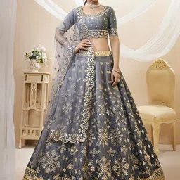 ETHNIC PLUS Embroidered Sequinned Semi-Stitched Lehenga & Unstitched Blouse With Dupatta-image-49