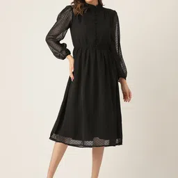 LABEL REGALIA Women Self Design Puff Sleeve Fit and Flare Midi Dress-image-95
