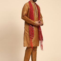 SKAVIJ Men Yoke Design Regular Thread Work Dupion Silk Kurta with Churidar & With Dupatta image 2