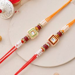 Aapno Rajasthan Set Of 2 Thread Rakhi With Ceramic Bird Food Platter Greeting Card-image-11