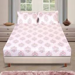 Myntra Elegant Homes Cream-Coloured & Grey Floral 186 TC King Bedsheet with 2 Pillow Covers-image-42