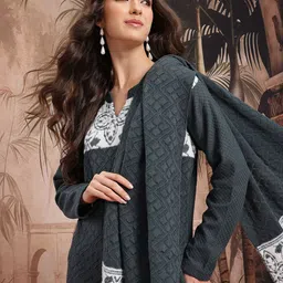 Sangria Geometric Woven Design Straight Winter Kurta with Trousers & Dupatta-picture-37