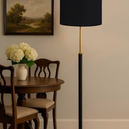 Devansh Black & Green Textured Wooden & Cotton Cylinder Shaped Floor Lamp-picture-6