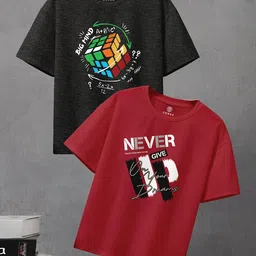 CODEZ Boys Pack of 2 Graphic Printed Round Neck Cotton T-shirts-image-5