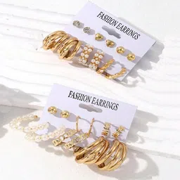 GOLDIWALA Set Of 12 Gold Plated Pearls Beaded Geometric Half Hoop Earrings-19