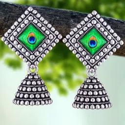DIVASTRI Set Of 5 Silver-Plated Artificial Stones Studded & Beaded Peacock Shaped Jhumkas image 4