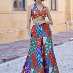 AMROOD Printed Halter Neck Crop Top & Palazzo With Jacket-picture-10
